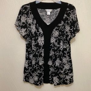 NWT Christopher & Banks Black/white bee neck floral ruffled short sleeve Small